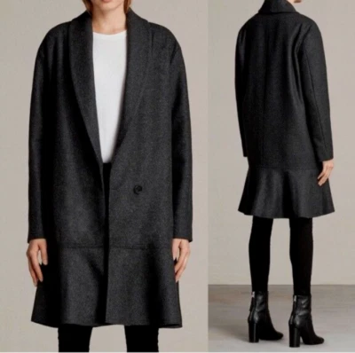 NUEVO Abrigo Chaqueta AllSaints Grace Mezcla Volantes Lana Talla S - Gris Carbón Foto 1 de 4