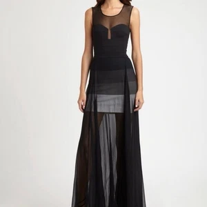 Maxi Vestido BCBGMAXAZRIA Alai Negro Seda Vendaje Ilusión Malla Sin Mangas Talla S - Imagen 1 de 12