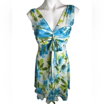 Vestido Formal Donna Ricco Azul Verde Floral Chifón Talla 10 Sin Mangas Forrado en Seda Foto 1 de 4