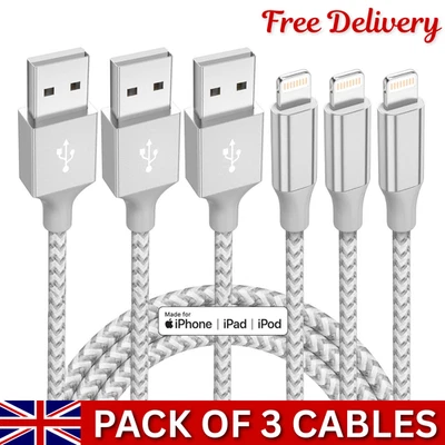For iPhone Charger Cable Heavy Duty Braided USB Charging Lead Data Sync 1M 2M 3M - Image 1 of 4