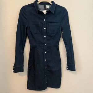 H&M Divided Denim Shirt Dress Womens XS/2 Dark Wash Long Sleeve Button Front NWT - Picture 1 of 6