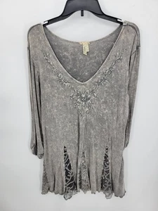 Top de trucos con hebilla para mujer gris medio bordado encaje crochet ribete túnica boho - Imagen 1 de 9
