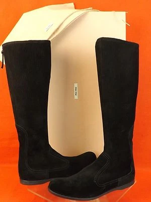 NIB MIU MIU 5W7186 BLACK STRETCH SUEDE KNEE HIGH TALL BACK ZIP FLAT BOOTS 41 - Image 1 of 4