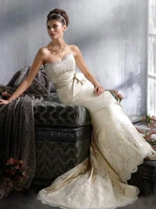Lazaro Wedding Dress Gown 10 Ivory Satin Lace A-Line Train Silk Blend Wow! #3814 - Picture 1 of 12