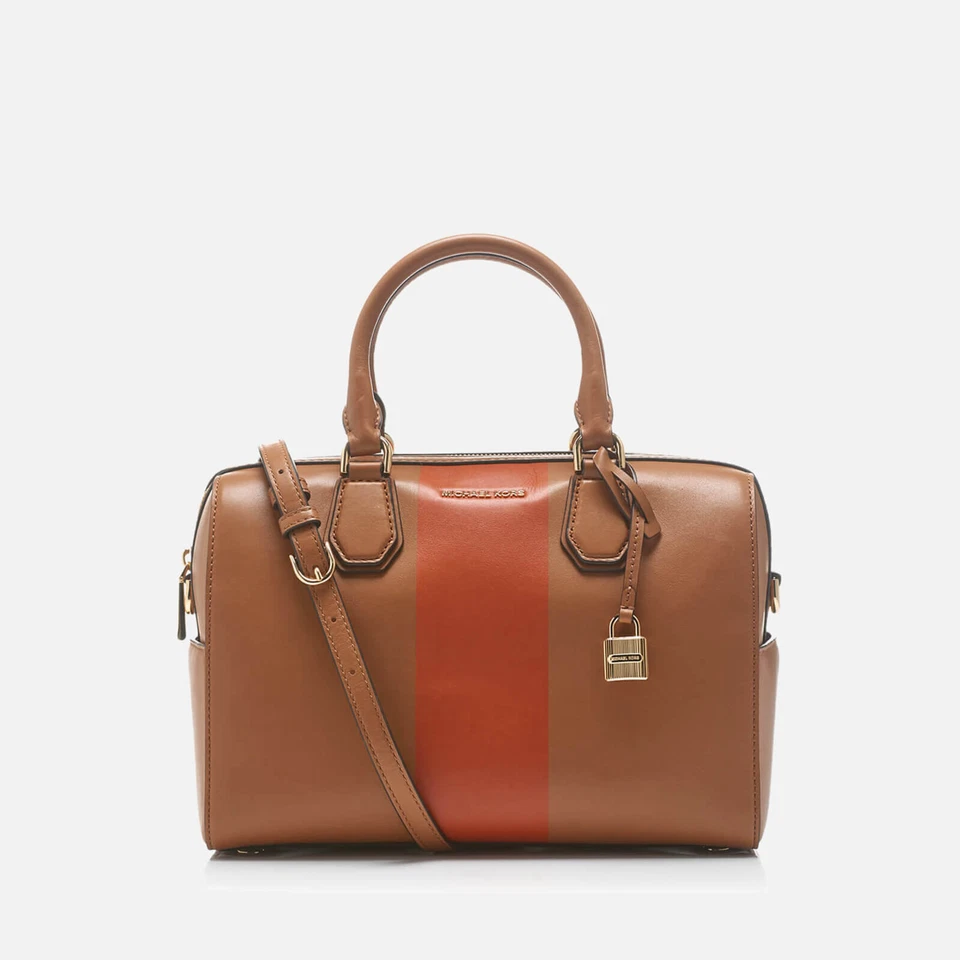 Michael Kors Center Stripe Medium Mercer Duffel Acorn Orange Satchel Bag
