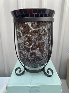 PartyLite Amaretto Swirl Pillar Candle Holder Mosaic Crushed Glass NEW in BOX - Picture 1 of 3