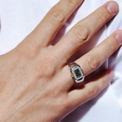 Uomo Argento Sterling 2-tone Rettangolare Anello W/50 Micro Pavé Zirconi Pietre - Immagine 1 di 4