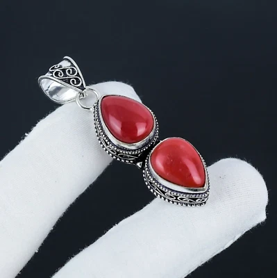Bella Corallo Rosso Fatto a Mano 925 Pendente Argento Sterling Per Compleanno - Immagine 1 di 4