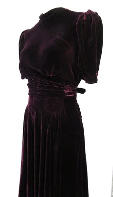 VESTIDO VINTAGE MUJER AFILADO AÑOS 30 1940 TERCIOPELO CAPUCHA VINO CREMALLERA CINTURA HASTA 33" F42 Foto 1 de 4