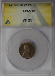 1913-D 1c Wheat Cent - ANACS VF 25 - Picture 1 of 2