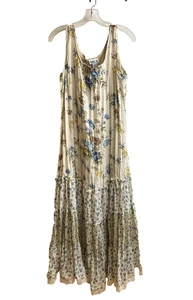 Vtg Sz L Romantic Tiered Maxi Dress Floral Cottagecore Crepe Crinkle Lace Trim - Picture 1 of 6