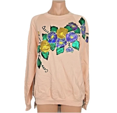 Moletom feminino vintage anos 80 rosa gola redonda floral glitter pintura inchada feito à mão tamanho G - Imagem 1 de 4