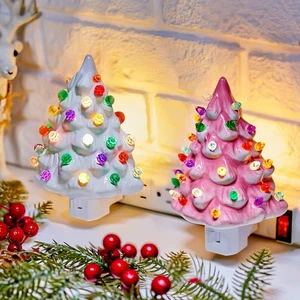 Brightown 2 Pack Ceramic Christmas Tree Night Light, Pink and White - Picture 1 of 7