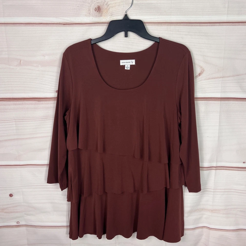 Susan Graver Топ женщин M коричневый жидкость трикотажа блузка декольте 3/4 рукав оборки - Изображение 1 из 4