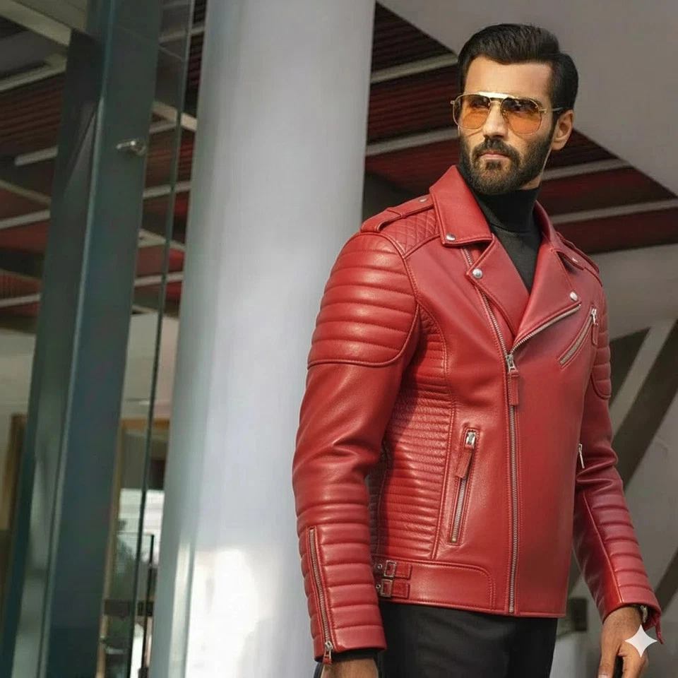 Chaqueta acolchada hecha a mano motociclista motocicleta elegante informal piel de cordero cuero para hombre Foto 1 de 4