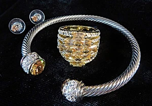 Sparkling Gold Tone Topaz Colored Bling Ring Silver Tone Bracelet and Studs - Picture 1 of 2