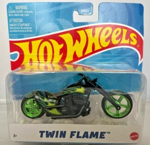 Hot Wheels Twin Flame Green Chrome Wheels Flames Rubber Tires Motorcycle (2022) - Picture 1 of 3