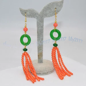Natural Green Jade Orange Coral Round Beads Cluster Dangle Gold Hook Earrings - Picture 1 of 7