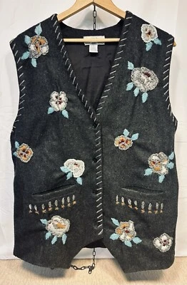 Vintage 90s Embroidered Vest Gray Floral Wool Blend Sz L - Image 1 of 4