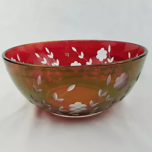 Vintage 10" Rubin geschliffen klar geätzt Blumendesign böhmisches Glas Servierschale - Bild 1 von 8