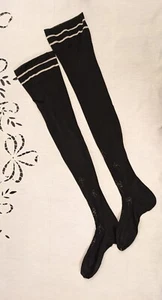 VICTORIAN 19TH C BLACK SILK STOCKINGS W SWEET BEADED BOW DESIGNS - Picture 1 of 5