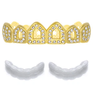 Herren 4 offene Grillz vergoldet volle CZ Eis Top Kappe Zähne L623 G 1 ext Form Bar - Bild 1 von 3