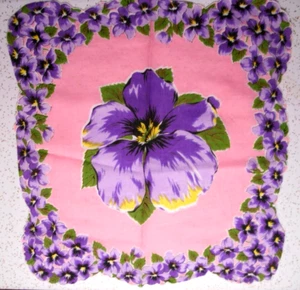 Vintage Hankie Handkerchief Purple Pink Flower Scalloped - Picture 1 of 3