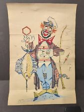 Vintage Joe Gavan Watercolor Painting 18x12 Fishing Clown Hobo