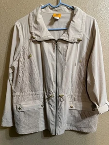 RUBY RD ZIP FRONT WINDBREAKER SZ LARGE BEIGE STRETCH LONG ROLL TAB SLEEVES - Picture 1 of 6