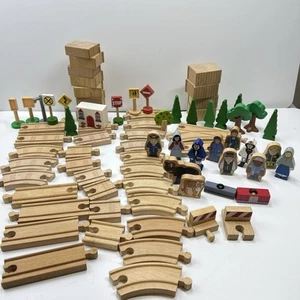 Wooden Train Set 76 pc. Lot w Tracks Accessories Animals Signs Trees Cars - Picture 1 of 11