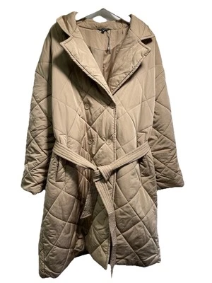 Long Puffer Quilted Coat UK 22 (56”) Warm Lightweight Peacocks Beige Button Up - Image 1 of 4