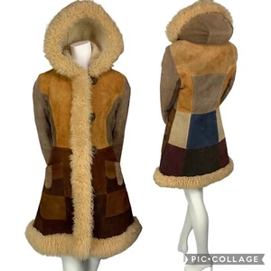 VTG Penny Lane Daisy Jones Coat Multicolor Suede Leather Patchwork Hood Sherpa - Picture 1 of 24