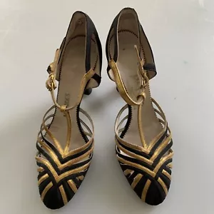 Decolte vintage anni 30 nero oro metallizzato cinturino a T tacco mules bullock's de mura - Foto 1 di 21