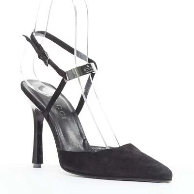 GUCCI Tom Ford Vintage black suede metal ID plate slingback pump EU36 - Image 1 of 4