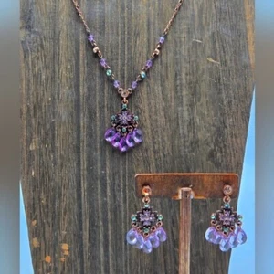 Modern NWT 1928 Earrings Necklace Set Jewelry Set Pink Purple Rhinestone Copper - Picture 1 of 8