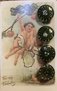 Set of 4 ~ Vintage 3/4" Leaf Green Crystal Glass Buttons~Pre WWII~ NOS