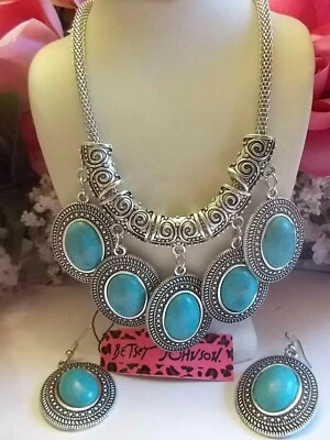 JUEGO DE COLLAR/PENDIENTES BETSEY JOHNSON ESTILO TIBETANO AZUL TURQUESA ESMALTE Foto 1 de 4