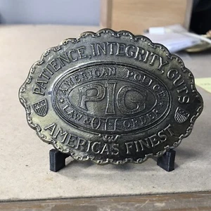 Brass Belt Buckle - Patience Integrity Guts " PIG" American Police Law & Order  - Picture 1 of 8