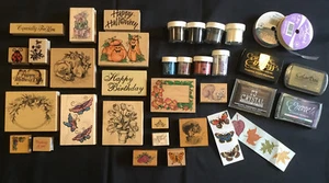 Assorted Craft & Scrapbooking Wood Rubber Stamps, Embossing Powder & Ink Pads - Picture 1 of 8