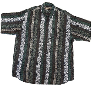 Bachrach Short Sleeve Green Brown Striped Tribal Design Hawaiian Shirt XL