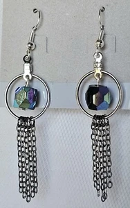 New Black Iridescent Beveled Silver Tone Hoop Earrings W/Dark Silver Tone Chains - Picture 1 of 7