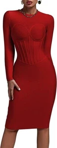 whoinshop Women's Bodycon Knee Length Long Sleeve Party Club Bandage Dress - Picture 1 of 6