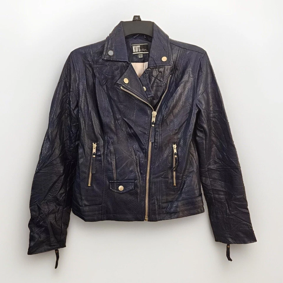 Chaqueta de moto de cuero sintético con cremallera Kut From The Kloth para mujer talla XS azul oscuro Foto 1 de 4