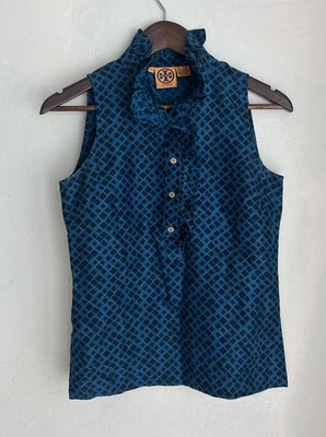 Tory Burch 100% Silk Ruffle Button Sleeveless Top 2 Preppy Designer Classic - Image 1 of 4