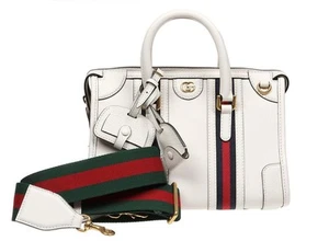 NEW GUCCI BAULETTO WHITE LEATHER WEB LOGO DOUBLE HANDLE SHOULDER TOTE BAG - Picture 1 of 8