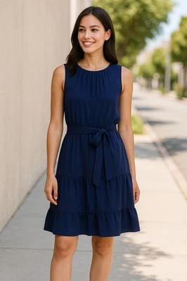 Vestido DKNY NUEVO CON ETIQUETAS Azul Marino Sin Mangas 8 – Clásico Minimalista Cinturón Dobladillo en Niveles Foto 1 de 4