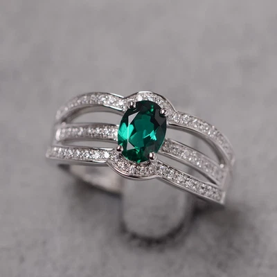 925 Sterling Silver Green Emerald Lab Created Women Ring US Duty Free - Image 1 of 4