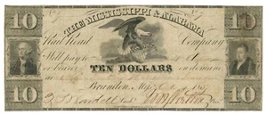 1837 Mississippi & Alabama Rail Road Co., Brandon, MS $10 Note No.7 (L1887) - Picture 1 of 2