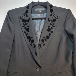 Women's Vintage Kasper & Company for ASL Black with Velvet Flower Blazer 16 - Picture 1 of 10