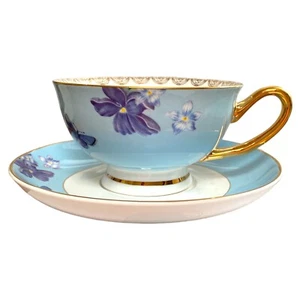 Crabtree Evelyn London Tea Cup Saucer Set Blue White Floral Butterfly Gold Trim - Picture 1 of 10